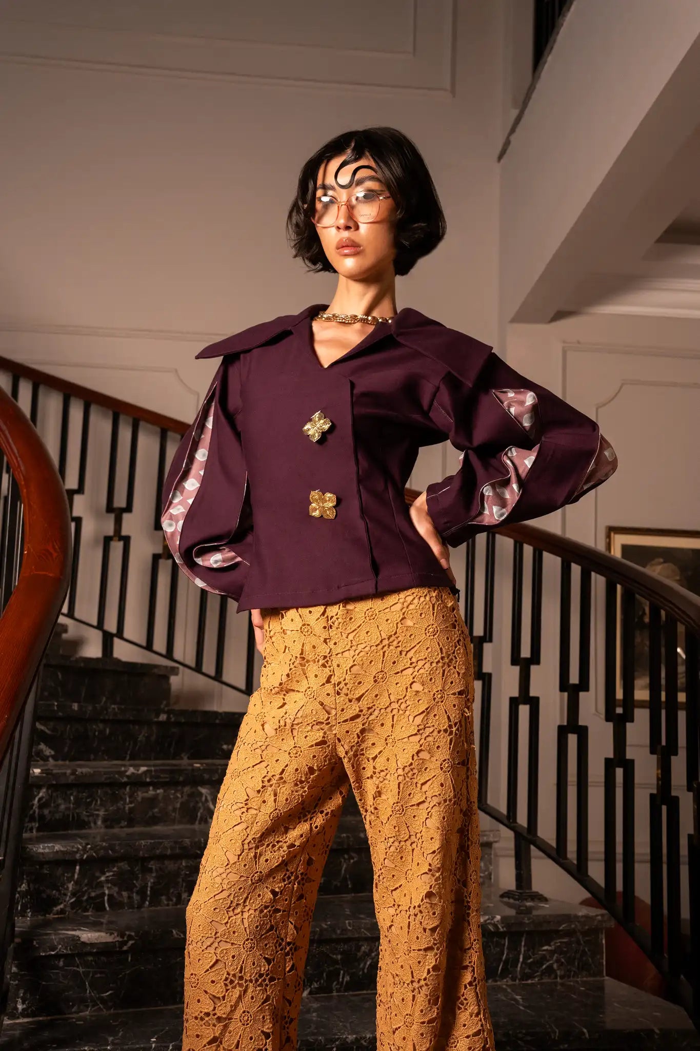 Model wearing a royal bloom top with a graceful design that reflects elegance and refined femininity